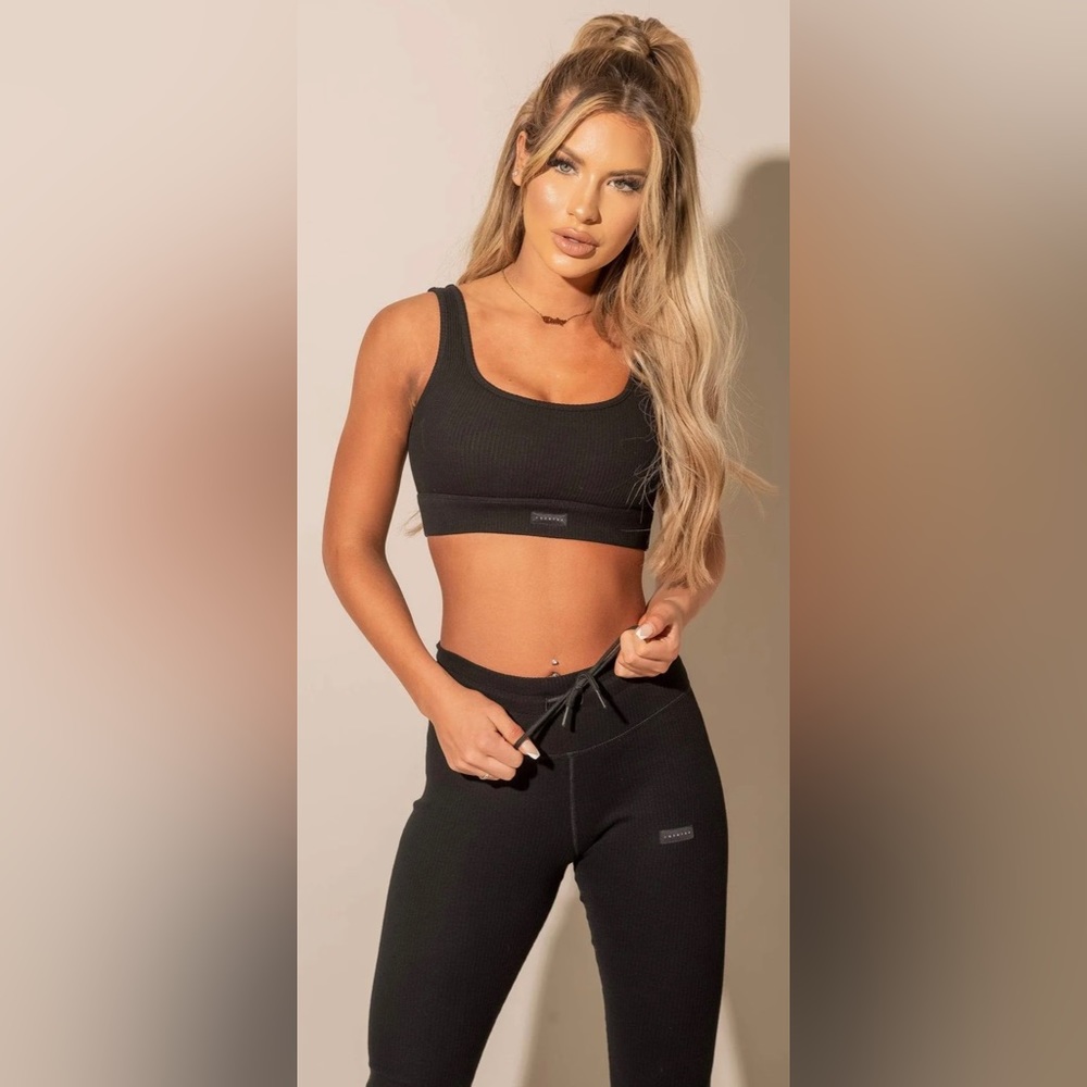 Agent84 black ribbed crop top and high waisted leggings set.